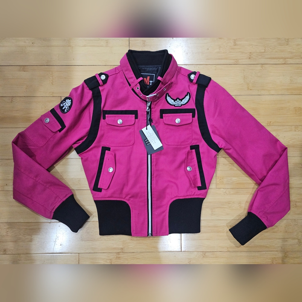 ~SOLD~ 1 RMT Raw Blue Pink Purple Moto Patch Buckle Collar Zip Up Jacket Coat S - Picture 10 of 16